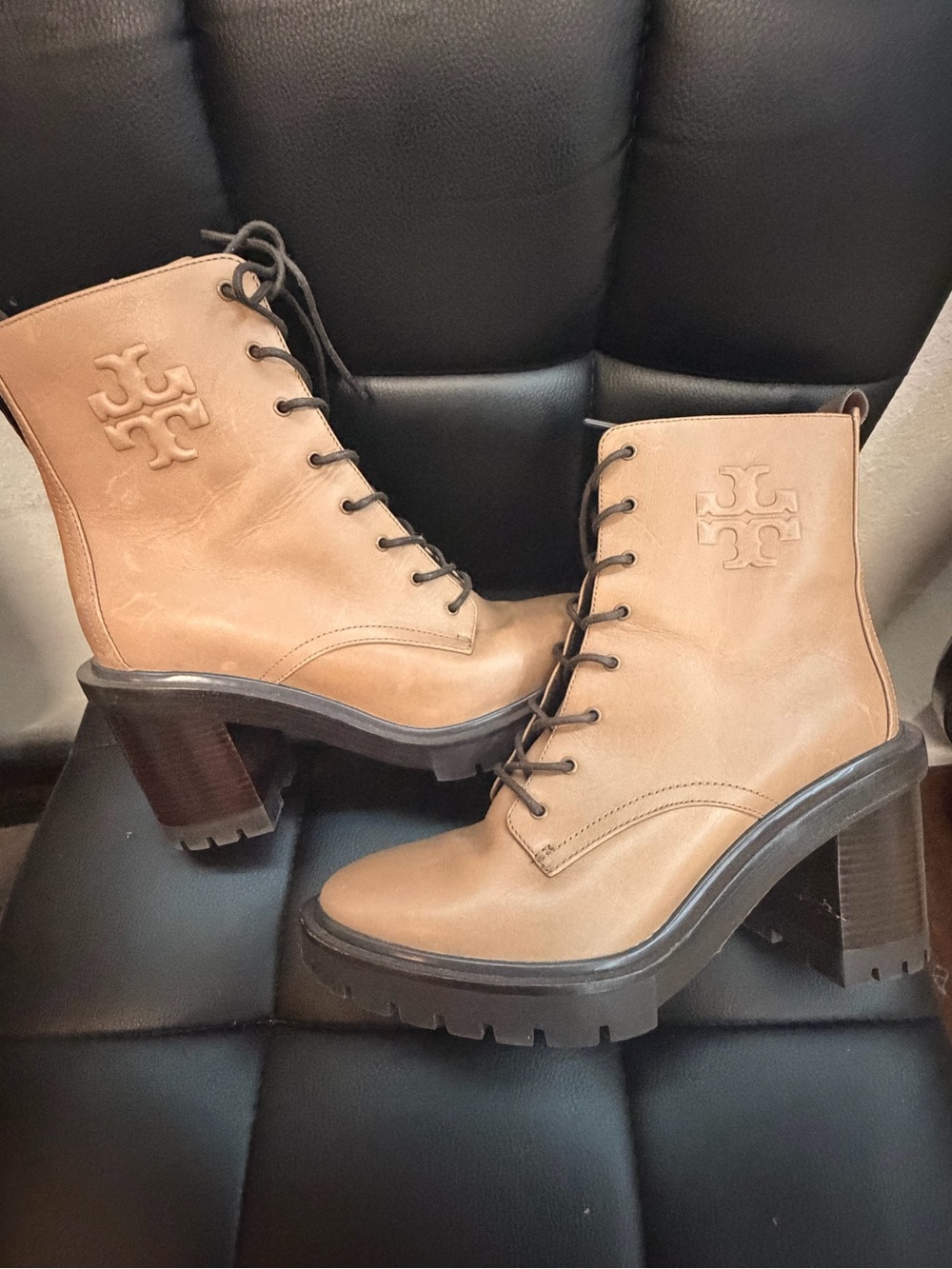 Tory Burch Beige/Tan Lace-Up Lug Heel Boots - Picture 2 of 6